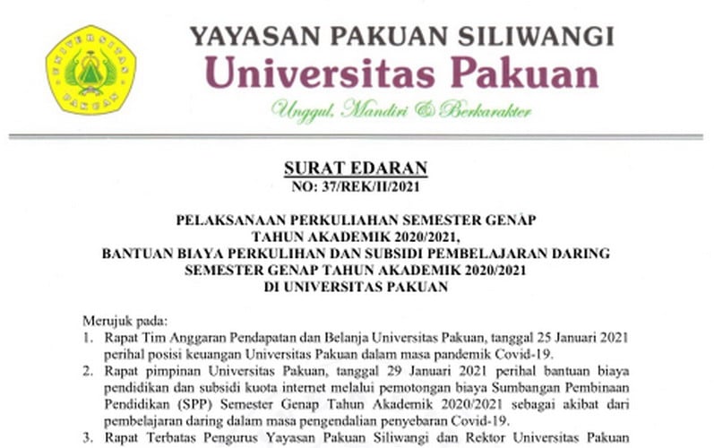 Bantuan Biaya Perkuliahan Dan Subsidi Pembelajaran Daring Universitas Pakuan